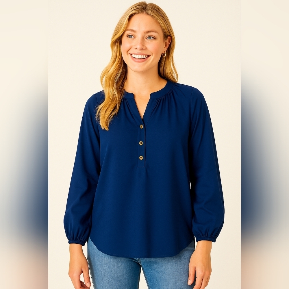 Lilly Pulitzer XS Navy 100% Silk Blouse Long Sleeve Ruched‎ Neck Side Slits...